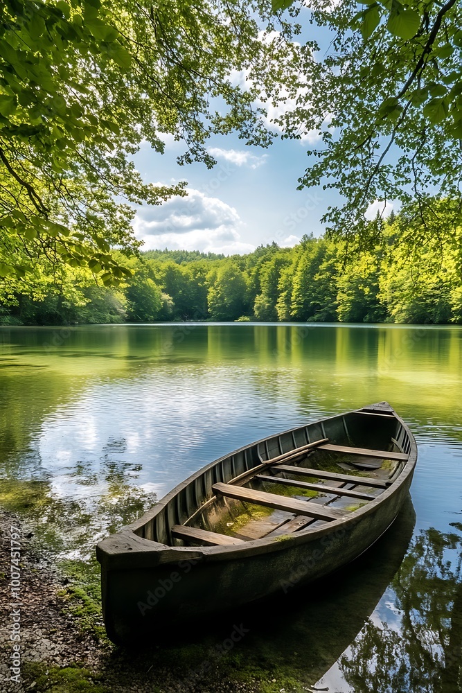 Wooden Rowboat on Tranquil Lake in Lush Green Forest with Blue Sky Wooden Rowboat on Tranquil Lake in Lush Green Forest with Blue Sky