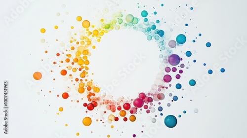 A stunning display of multicolored spheres forming a delicate circle trail on a clean white background, creating a lively visual impact