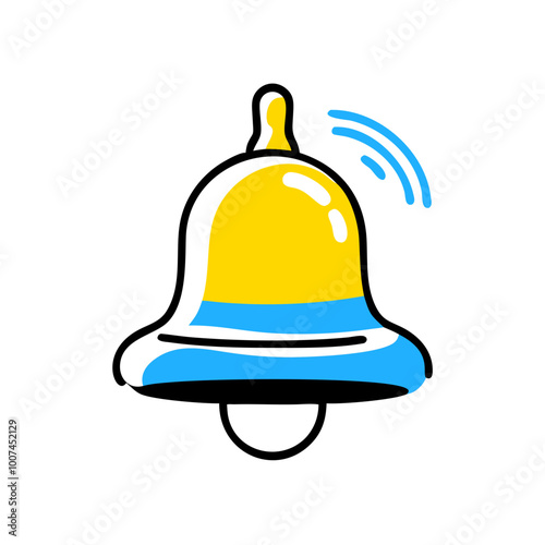 A yellow and blue bell with a blue and yellow base. The bell is in the middle of the image and is surrounded by a white background