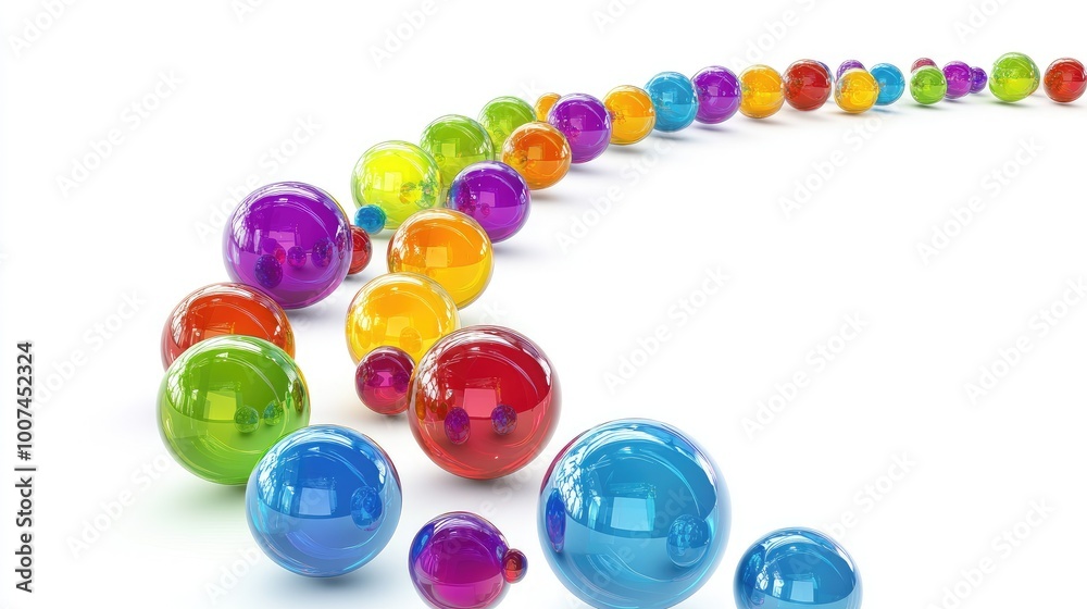 Fototapeta premium Bright spheres in various colors forming a stunning circular trail on a clean white background, showcasing creativity and vibrancy