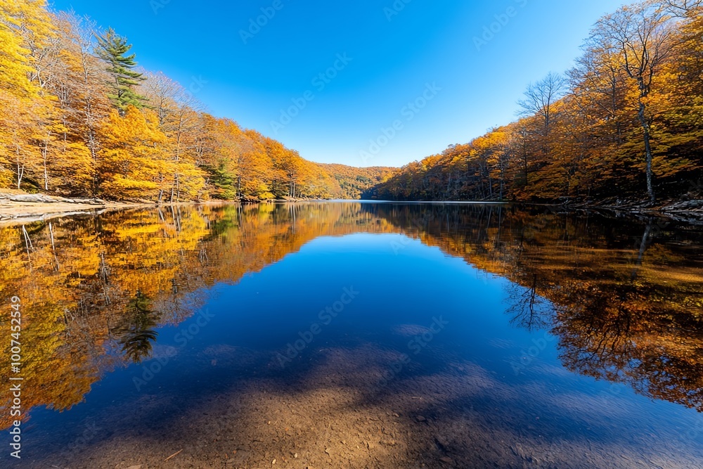 A peaceful lake surrounded by autumn trees, with reflections of the vibrant leaves mirrored perfectly in the still water, creating a serene natural scene. A peaceful lake surrounded by autumn trees, with reflections of the vibrant leaves mirrored perfectly in the still water, creating a serene natural scene.