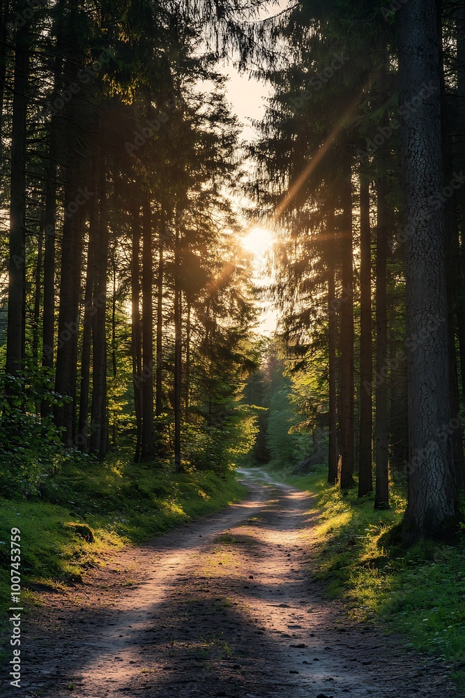 Sun rays through trees on forest path, nature landscape scenery Sun rays through trees on forest path, nature landscape scenery