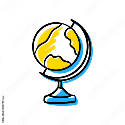 A globe with a blue and yellow border. The globe is drawn in a cartoon style