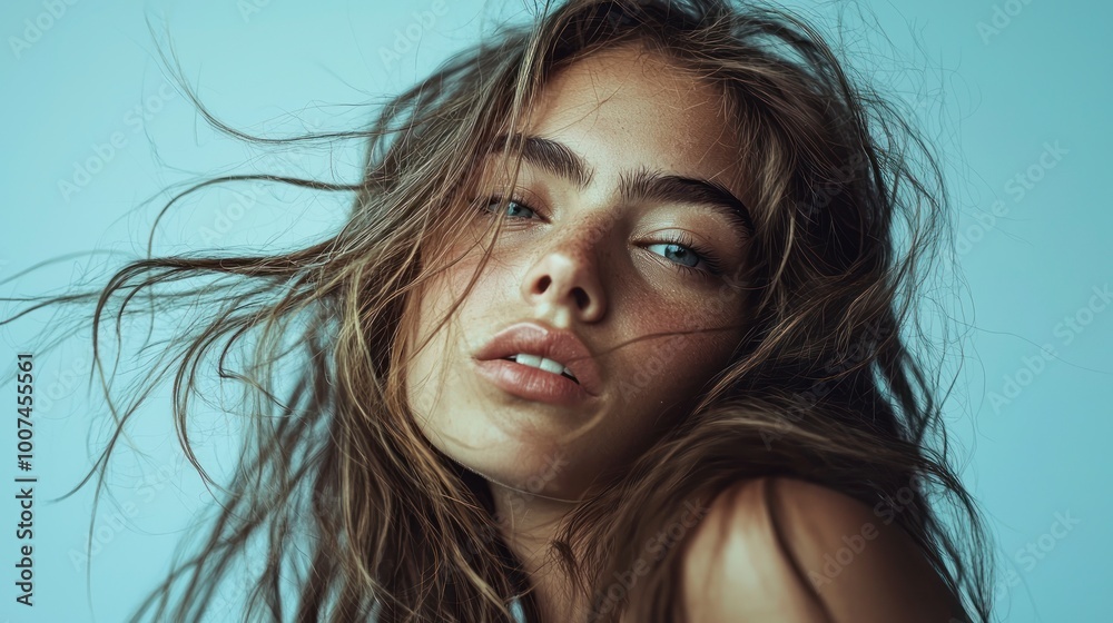 Young woman with windswept hair and natural beauty Young woman with windswept hair and natural beauty