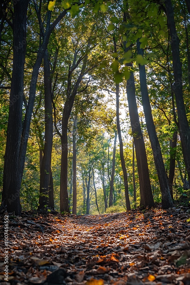 Naklejka premium Sunlit path through a lush green forest with fallen autumn leaves