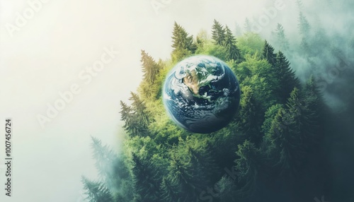 Protecting The Earth: Aerial Double Exposure Of Coniferous Forest And Planet Earth. Help Save The Planet From Environmental Degradation. photo