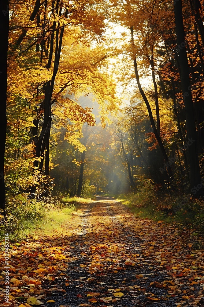 Obraz premium Sunbeams in the Fall Forest, Pathway Through Golden Trees