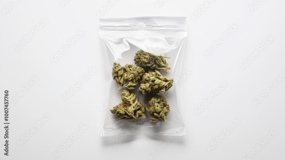 Cannabis buds in a sealed transparent bag against a light background Cannabis buds in a sealed transparent bag against a light background