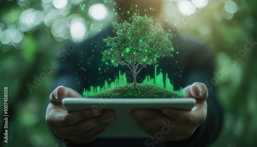 Businessman Utilizes Ipad To Analyze Esg In Business Investment Strategy, Displaying Green Graph For Environment, Society, And Governance Concepts. photo