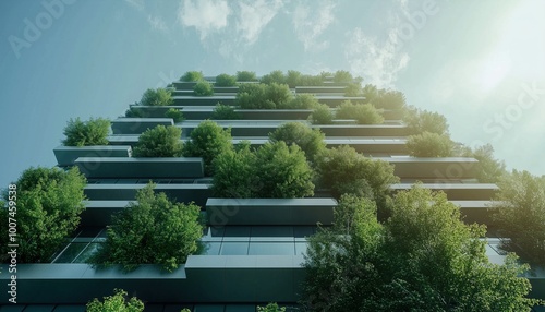 Green Skyscraper Buildings: Achieving Sustainable Goals Through Environmentally Friendly Design And Net Zero Sustainability, Featuring Tree Planting For Carbon Reduction In A Green Environment. photo