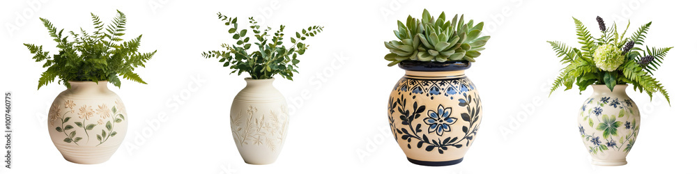 Succulents in decorative pots, white isolated background. Succulents in decorative pots, white isolated background.