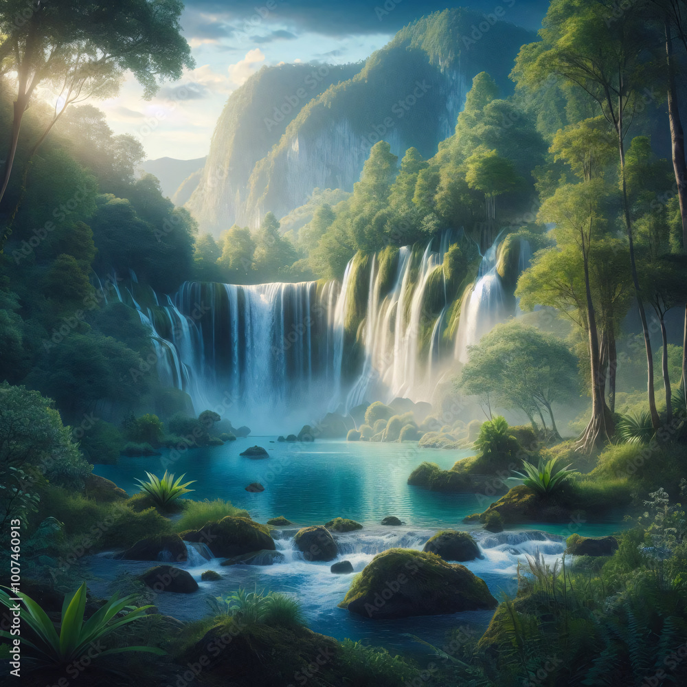 Lush waterfall oasis with vibrant flora under a serene sky Lush waterfall oasis with vibrant flora under a serene sky