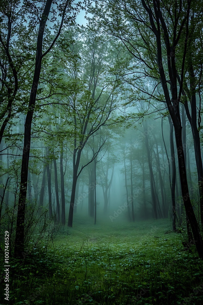 Fototapeta premium Mysterious Foggy Forest Path, Woodland Landscape
