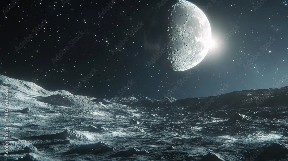 Moonlit Landscape with Stars and Lunar Surface Moonlit Landscape with Stars and Lunar Surface