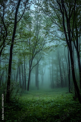 Mysterious Foggy Forest Path, Woodland Landscape