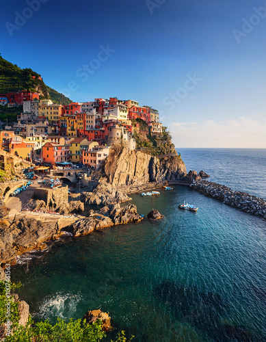 Colorful cliffside village overlooking serene sea with boats