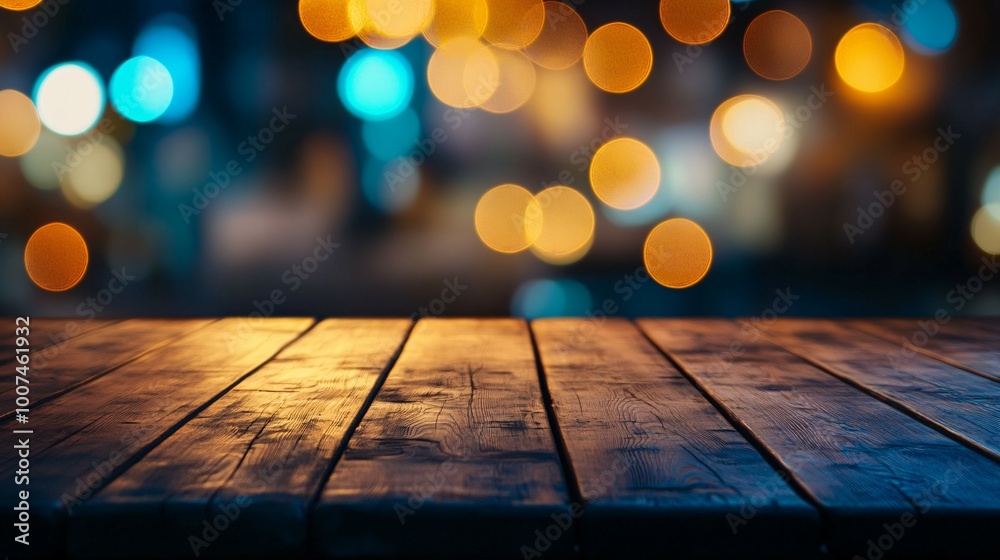 Wooden Tabletop with Defocused City Lights at Night Wooden Tabletop with Defocused City Lights at Night