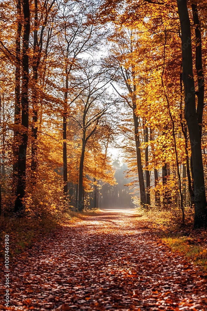 Obraz premium Autumn Path Through Golden Forest with Sun Rays Filtering Through Trees