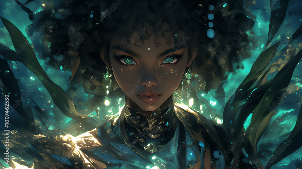 mystical water genasi female surrounded by deep sea elements and ...