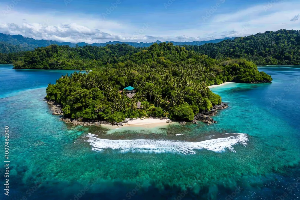 Obraz premium A remote island surrounded by ocean waters, with lush green forests covering the island and waves gently rolling onto its shores.
