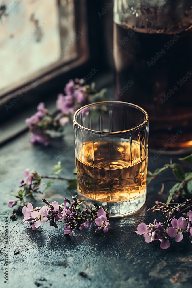 Glass of whiskey with flowers on a wooden table by a window Glass of whiskey with flowers on a wooden table by a window