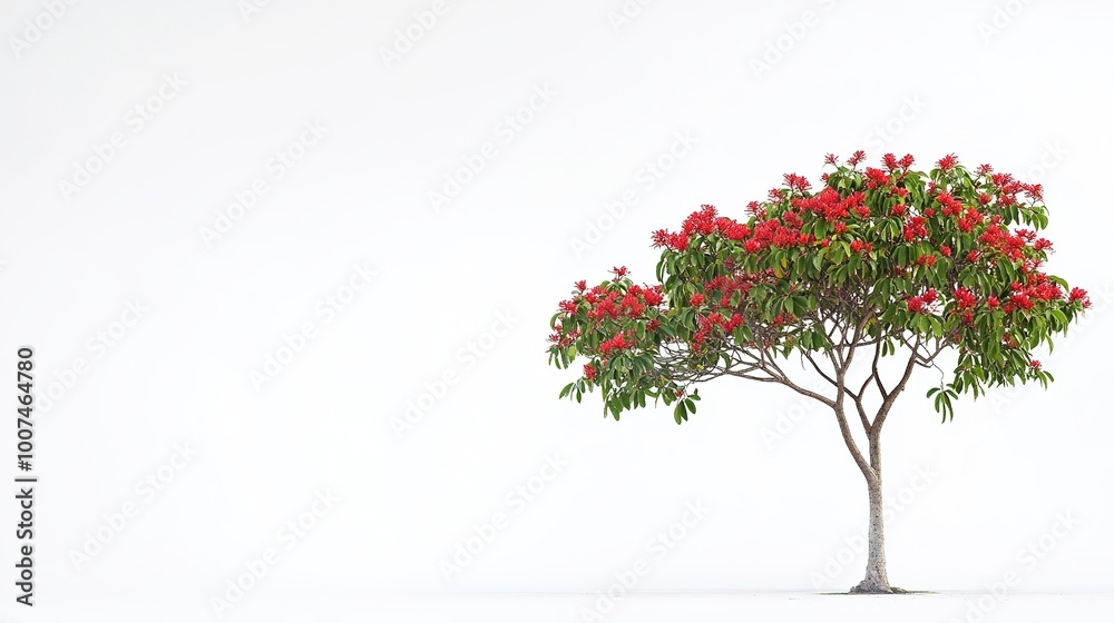 Naklejka premium A majestic royal poinciana tree stands alone, showcasing its vibrant green foliage and striking red flowers. This stunning tree, known for its expansive canopy and ornamental beauty, 