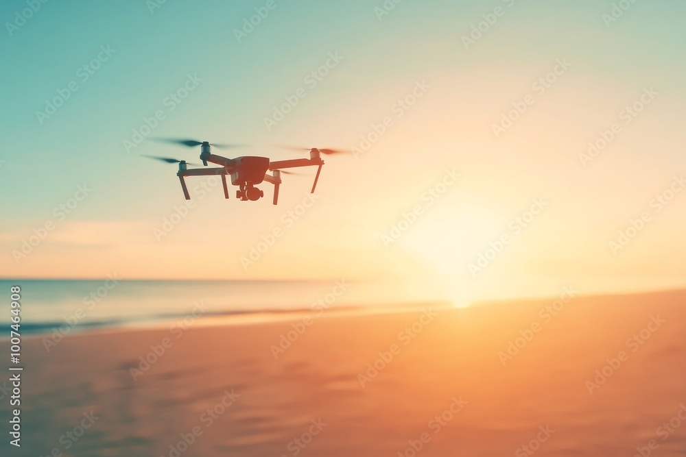 A drone flying above the beach at sunset, creating a perfect scene for technology, travel, and adventure themes. A drone flying above the beach at sunset, creating a perfect scene for technology, travel, and adventure themes.