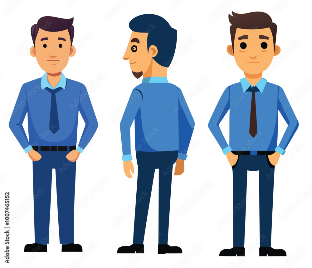 Business man in blue shirt in different sides view from the front, from the side and half turn with hands in the pockets. Vector illustration isolated Business man in blue shirt in different sides view from the front, from the side and half turn with hands in the pockets. Vector illustration isolated