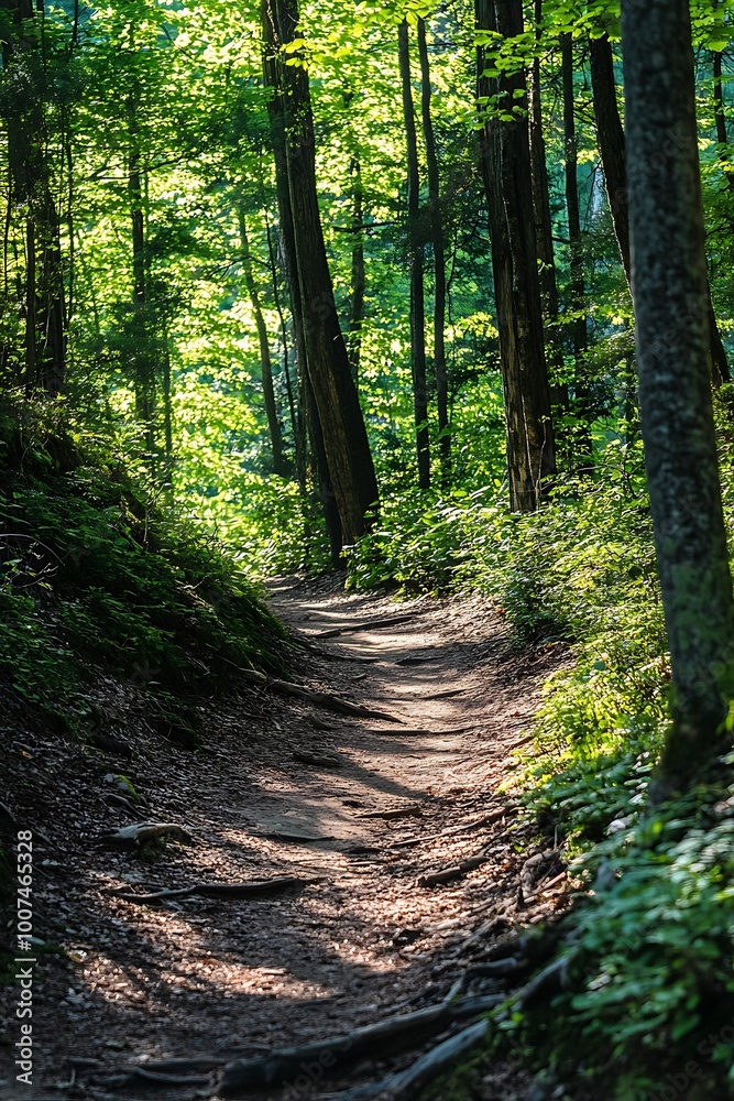 Sunlight shining through trees on a winding dirt path in a lush green forest. Concept of nature, adventure, hiking, and exploration. Sunlight shining through trees on a winding dirt path in a lush green forest. Concept of nature, adventure, hiking, and exploration.