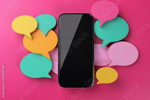 teléfono móvil coloridas burbujas de notificaciones de char con fondo plano Ilustración 3D siluetas