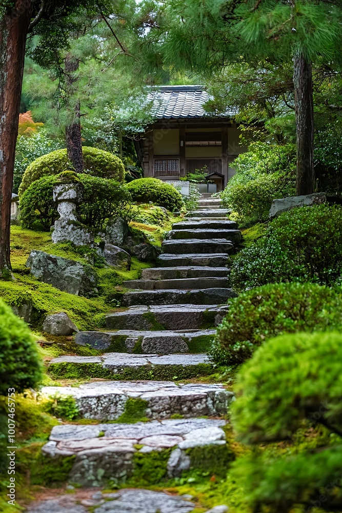 Obraz premium Stone steps leading up to a traditional Japanese garden with lush greenery and a wooden house