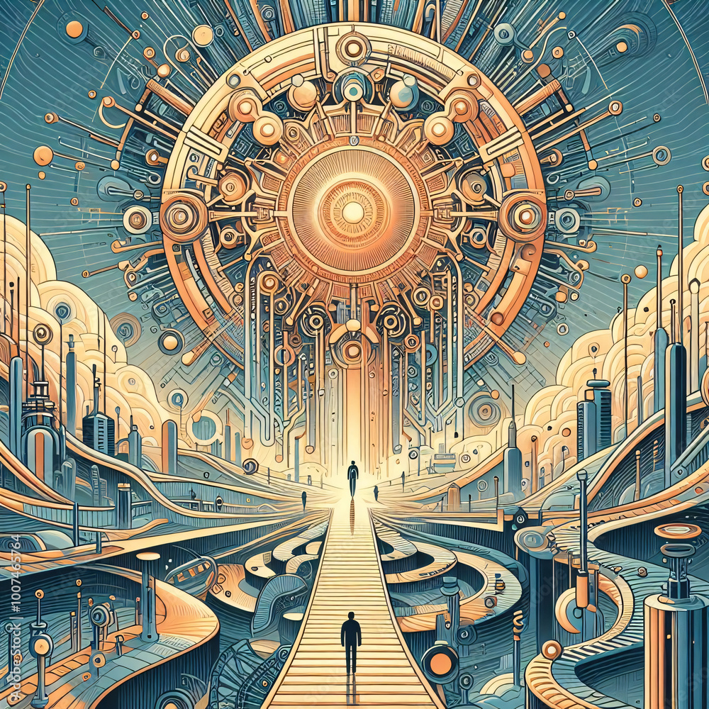 Obraz premium Vibrant digital artwork of a futuristic city with a central AI brain