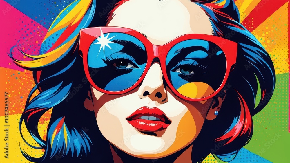 A vibrant, stylized portrait of a woman wearing oversized sunglasses against a colorful backdrop. A vibrant, stylized portrait of a woman wearing oversized sunglasses against a colorful backdrop.