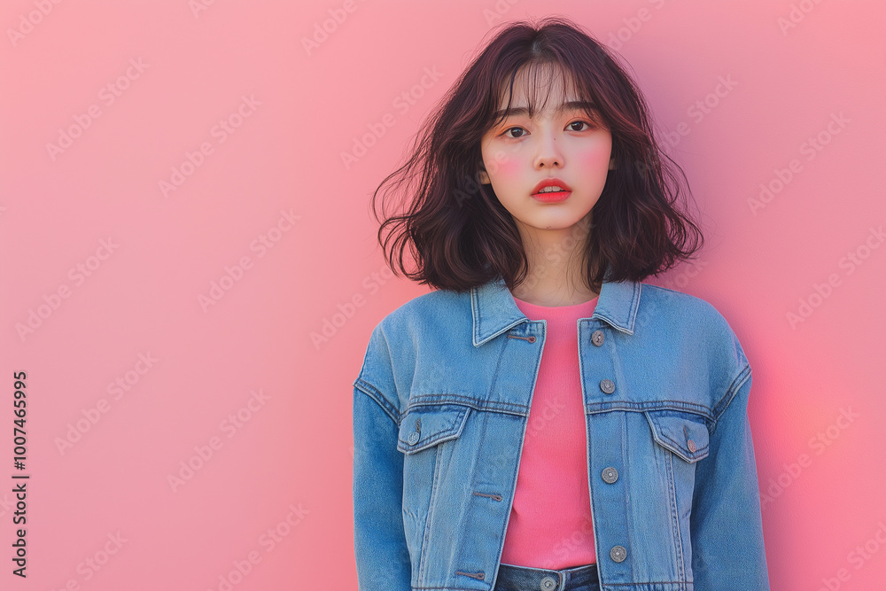 Young and fashionable asian woman posing in trendy street style outfit. Young and fashionable asian woman posing in trendy street style outfit.