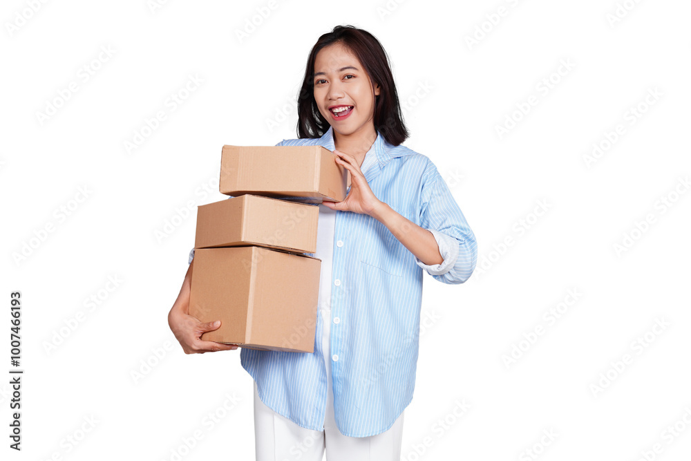 Asian woman smiling holding box package isolated transparent Asian woman smiling holding box package isolated transparent