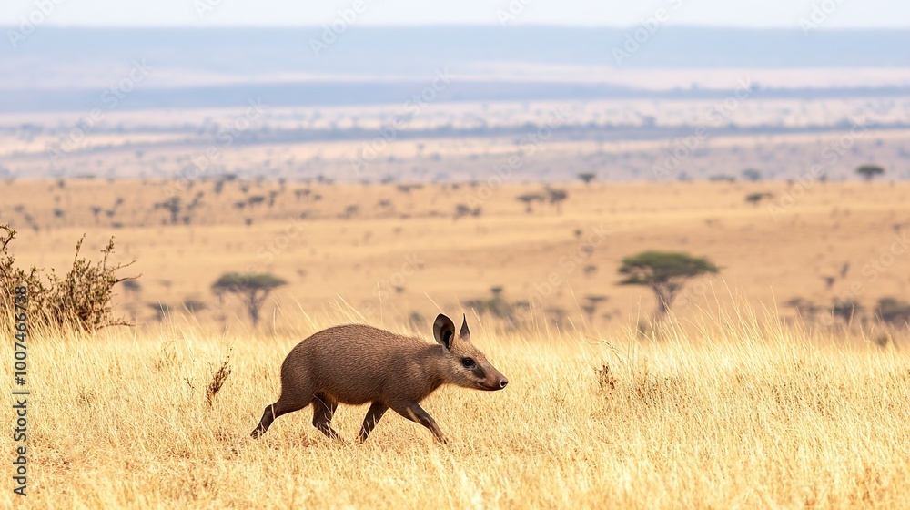 Solitary aardvark traversing an arid African landscape, characterized by dry grass and scattered trees, with an expansive savanna stretching towards the horizon, depicting the essence of wildlife Solitary aardvark traversing an arid African landscape, characterized by dry grass and scattered trees, with an expansive savanna stretching towards the horizon, depicting the essence of wildlife