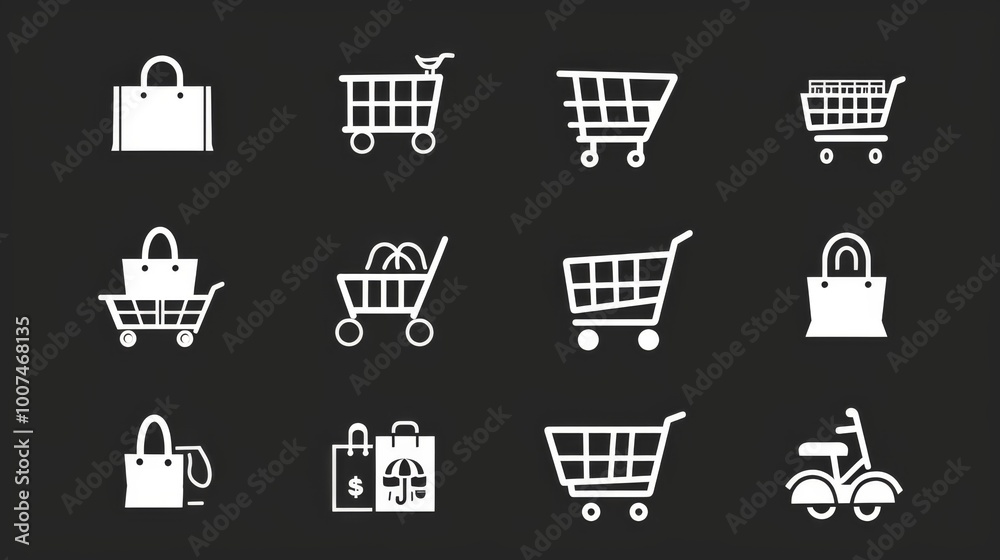 This image showcases a collection of various shopping carts and bags, depicted in a minimalistic and symbolic style, placed on a dark and simplistic backdrop. This image showcases a collection of various shopping carts and bags, depicted in a minimalistic and symbolic style, placed on a dark and simplistic backdrop.