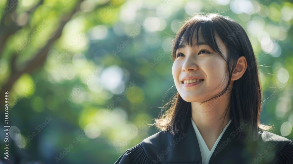 A young woman in a graduation gown smiles brightly amidst a lush, sunlit garden, evoking a sense of joy, achievement, and new beginnings. A young woman in a graduation gown smiles brightly amidst a lush, sunlit garden, evoking a sense of joy, achievement, and new beginnings.