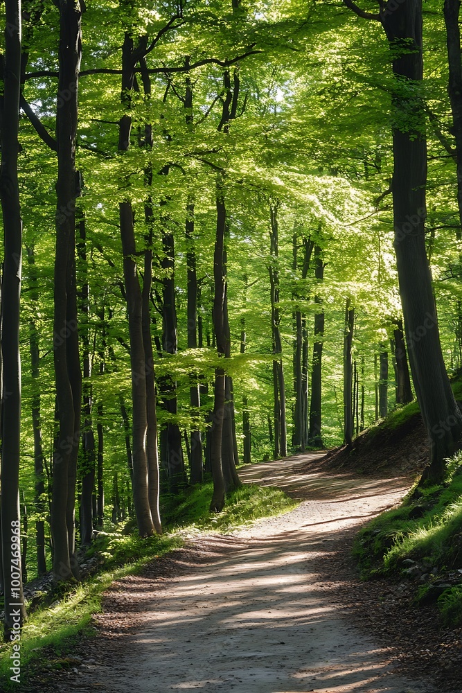 Obraz premium Sunlit Path Winding Through Lush Green Forest