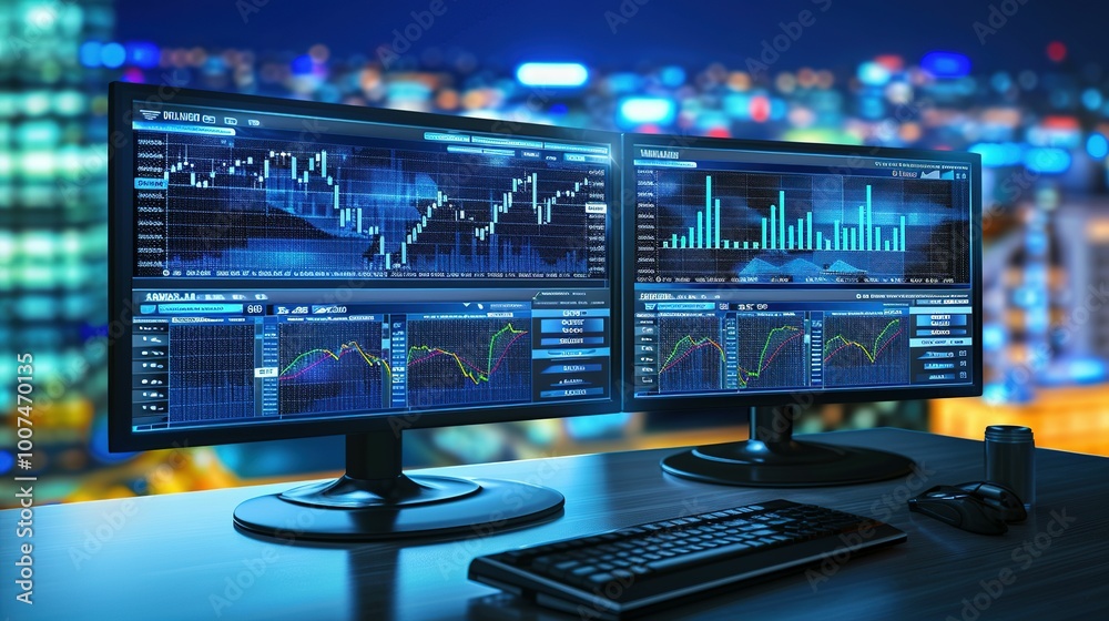 Two computer monitors displaying financial charts and graphs Two computer monitors displaying financial charts and graphs