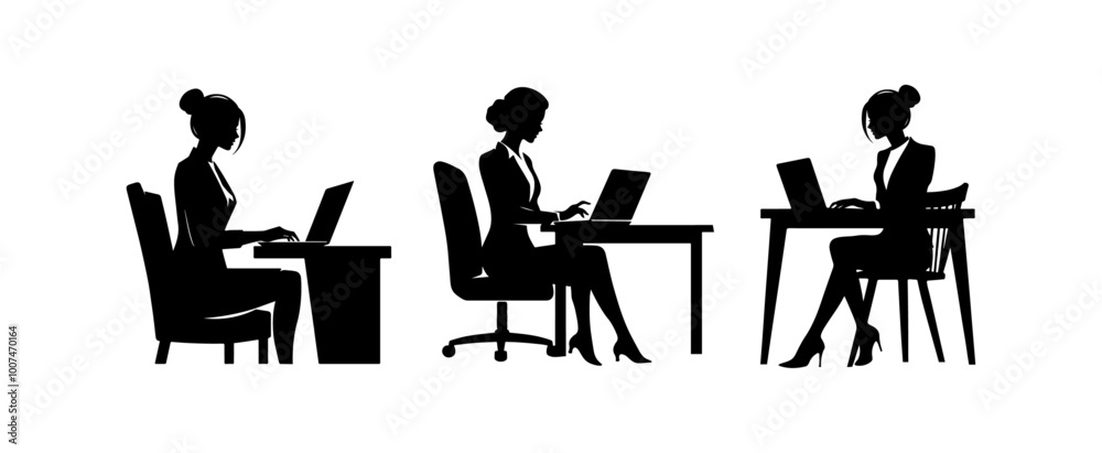A set of businesswomen silhouettes in front of a laptop typing on the keyboard, figuration isolated on white background A set of businesswomen silhouettes in front of a laptop typing on the keyboard, figuration isolated on white background