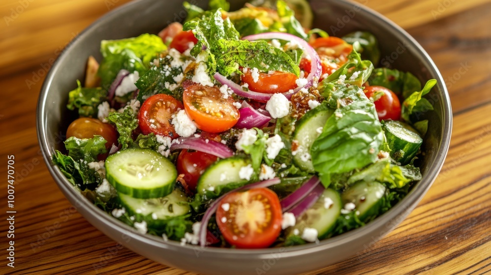A vibrant bowl of fresh salad featuring cherry tomatoes, sliced cucumbers, red onions, crumbled feta cheese, and fresh herbs, beautifully arranged in a gray bowl. A vibrant bowl of fresh salad featuring cherry tomatoes, sliced cucumbers, red onions, crumbled feta cheese, and fresh herbs, beautifully arranged in a gray bowl.