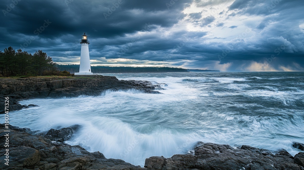 A lone lighthouse stands against a turbulent sea under a dramatic sky filled with dark, swirling storm clouds, capturing a powerful and dramatic coastal scene. A lone lighthouse stands against a turbulent sea under a dramatic sky filled with dark, swirling storm clouds, capturing a powerful and dramatic coastal scene.