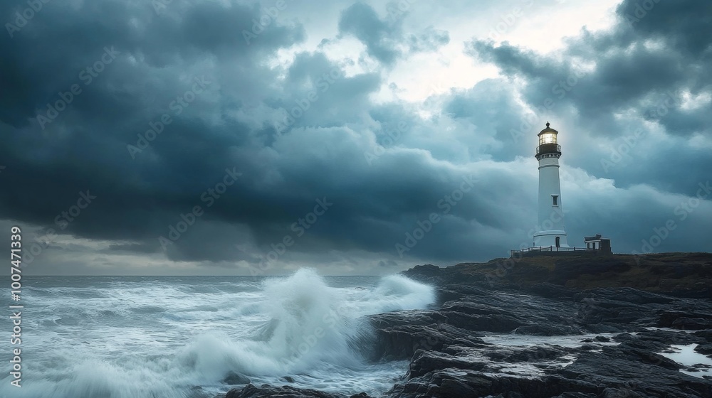 A lighthouse stands against a dramatic backdrop of dark stormy clouds and crashing ocean waves, emanating light to guide sailors safely through the tumultuous waters. A lighthouse stands against a dramatic backdrop of dark stormy clouds and crashing ocean waves, emanating light to guide sailors safely through the tumultuous waters.