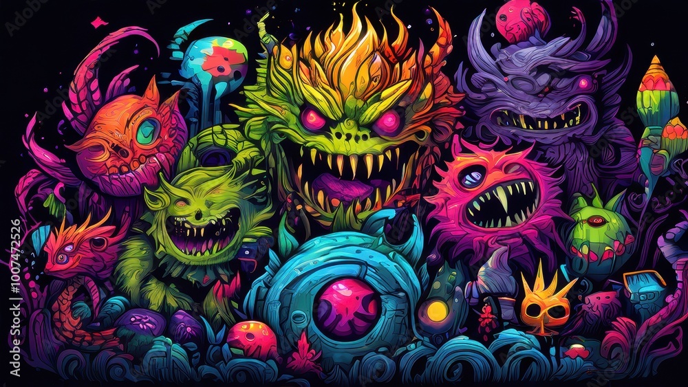 A vibrant, surreal illustration featuring colorful, monstrous creatures in a whimsical landscape.