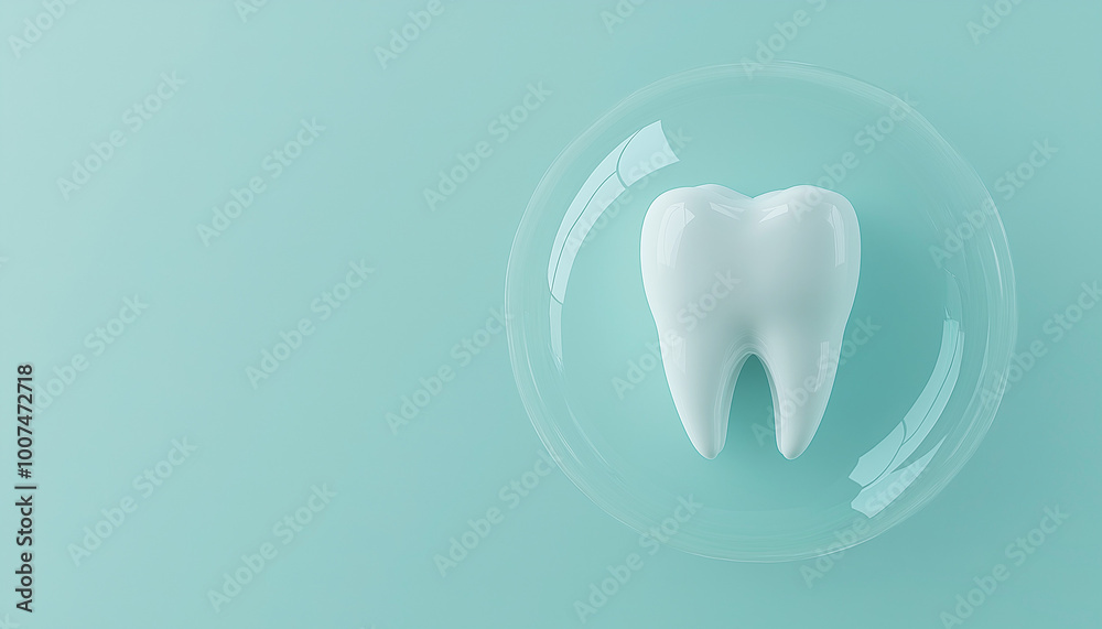 Dental health concept, tooth with a protective bubble around it on a simple blue background. Describe dental hygiene and oral care Dental health concept, tooth with a protective bubble around it on a simple blue background. Describe dental hygiene and oral care