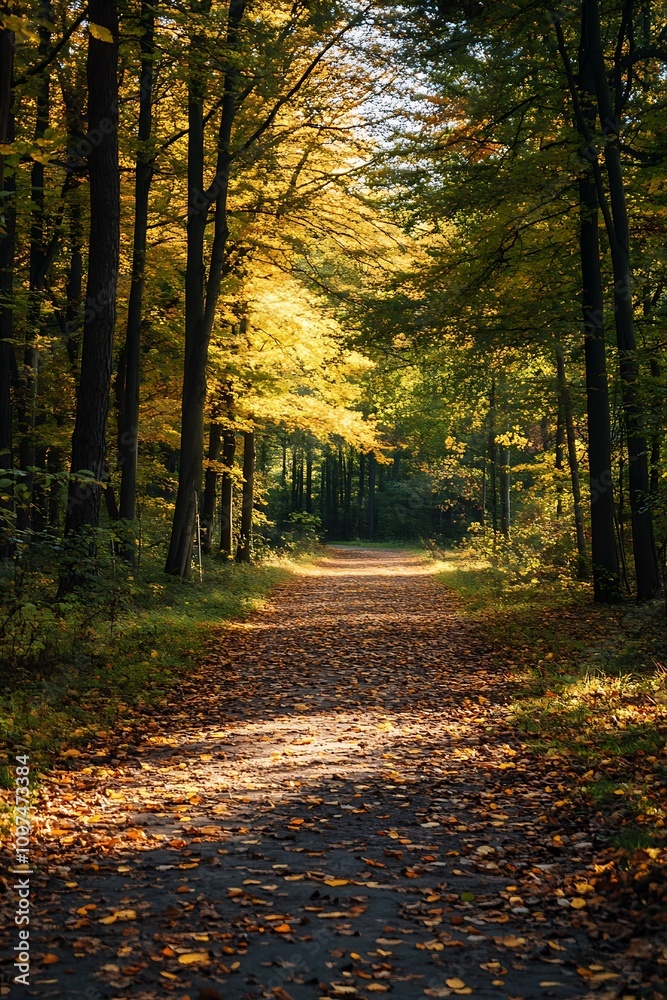 Fototapeta premium Sunlit Path Through Autumn Forest with Golden Leaves