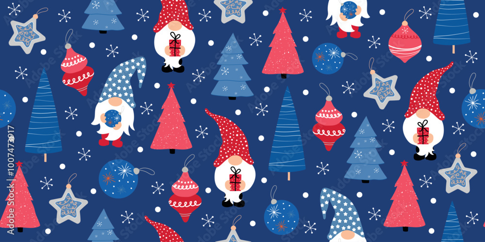 Christmas seamless pattern with gnomes, fir tree and snowflakes. Christmas print for wrapping paper, Christmas cards. Christmas seamless pattern with gnomes, fir tree and snowflakes. Christmas print for wrapping paper, Christmas cards.
