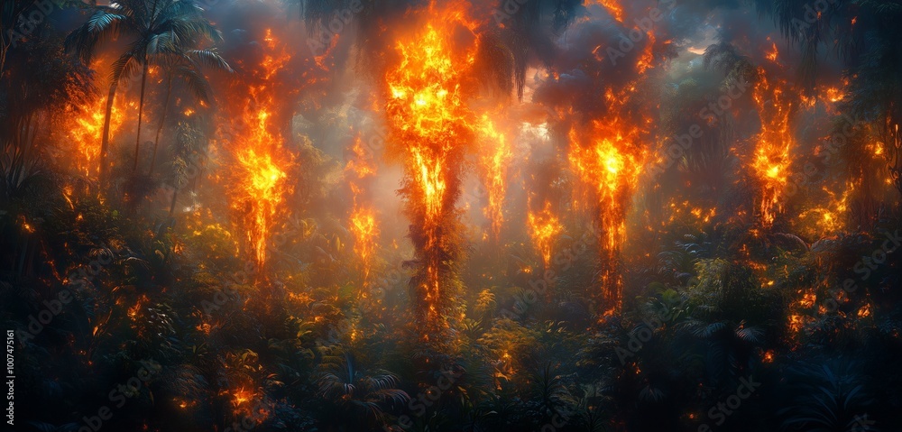 Artistic portrayal of a jungle with towering flames illuminating the undergrowth in a surreal display Artistic portrayal of a jungle with towering flames illuminating the undergrowth in a surreal display