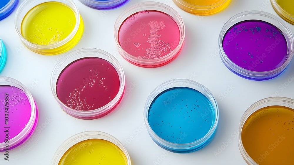 Colorful Petri Dishes with Liquid Cultures on White Background Colorful Petri Dishes with Liquid Cultures on White Background